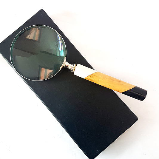Silver Magnifying Glass10 inch. Carved Marquetry Wood Handle